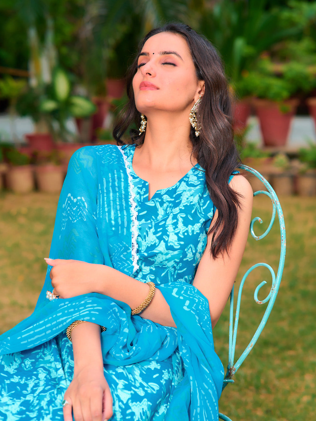 Printed Flared Kurta With Pant & Dupatta, Blue - Hiral Fashion - Distacart