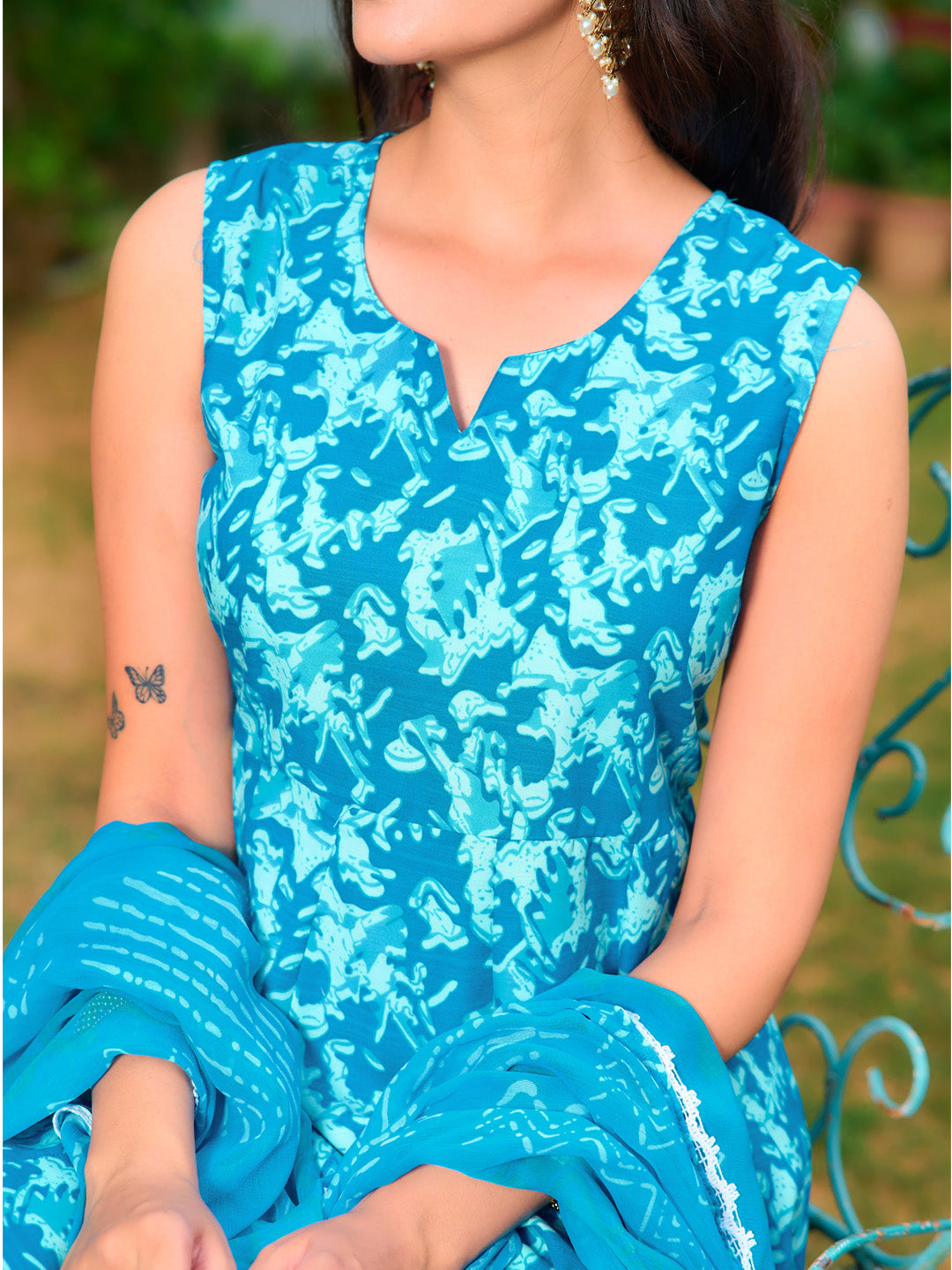 Printed Flared Kurta With Pant & Dupatta, Blue - Hiral Fashion - Distacart