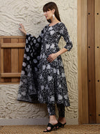 Floral Printed Flared Kurta With Pant & Dupatta, Black - Hiral Fashion - Distacart