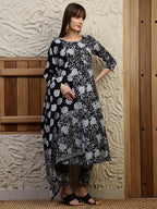 Floral Printed Flared Kurta With Pant & Dupatta, Black - Hiral Fashion - Distacart