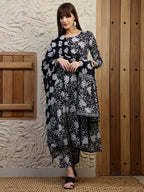 Floral Printed Flared Kurta With Pant & Dupatta, Black - Hiral Fashion - Distacart