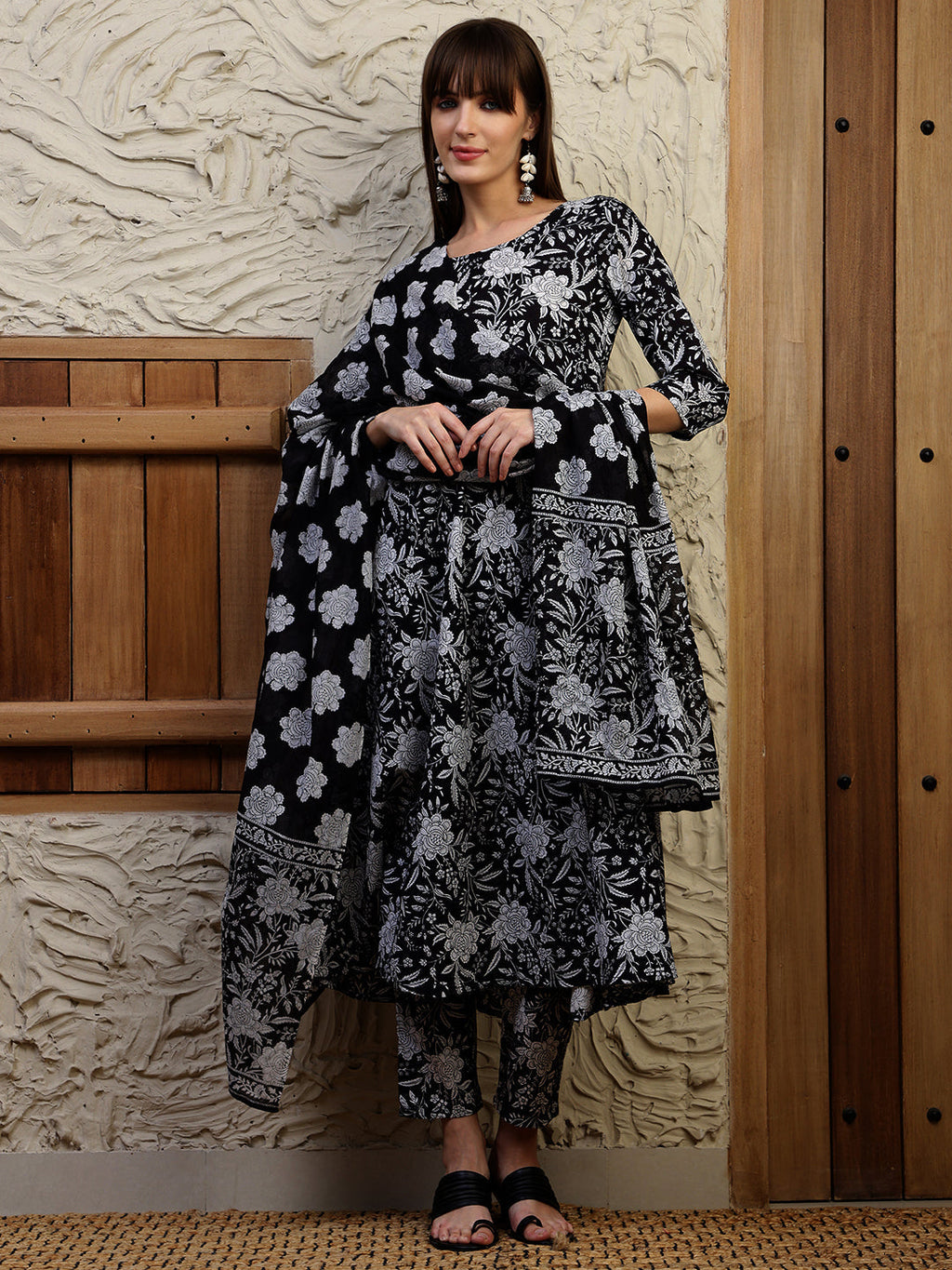 Floral Printed Flared Kurta With Pant & Dupatta, Black - Hiral Fashion - Distacart