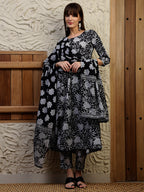 Floral Printed Flared Kurta With Pant & Dupatta, Black - Hiral Fashion - Distacart