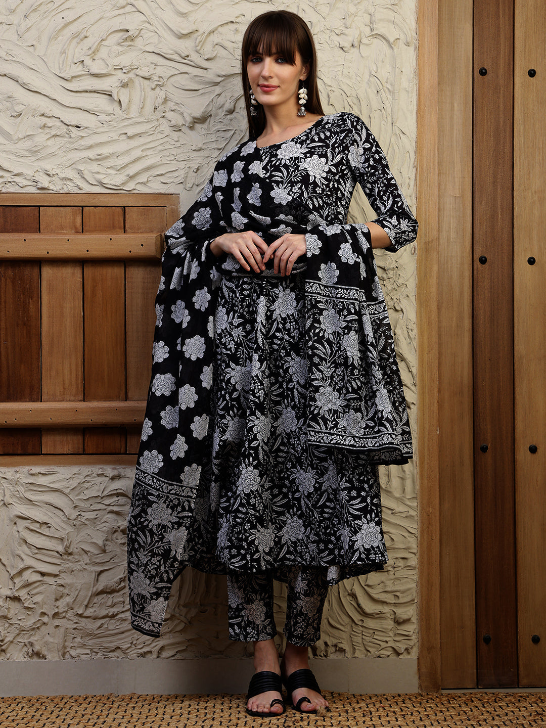 Floral Printed Flared Kurta With Pant & Dupatta, Black - Hiral Fashion - Distacart