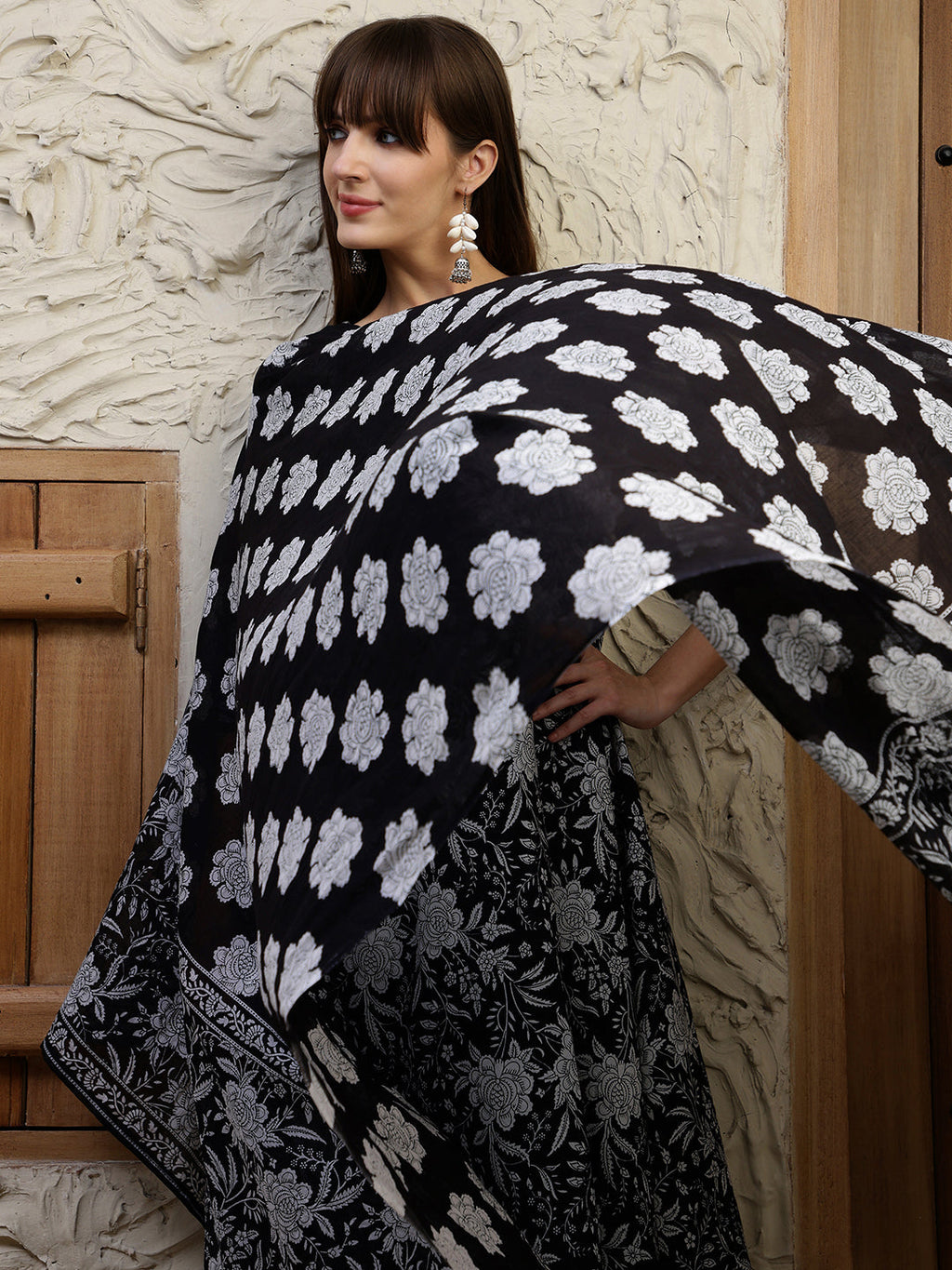 Floral Printed Flared Kurta With Pant & Dupatta, Black - Hiral Fashion - Distacart