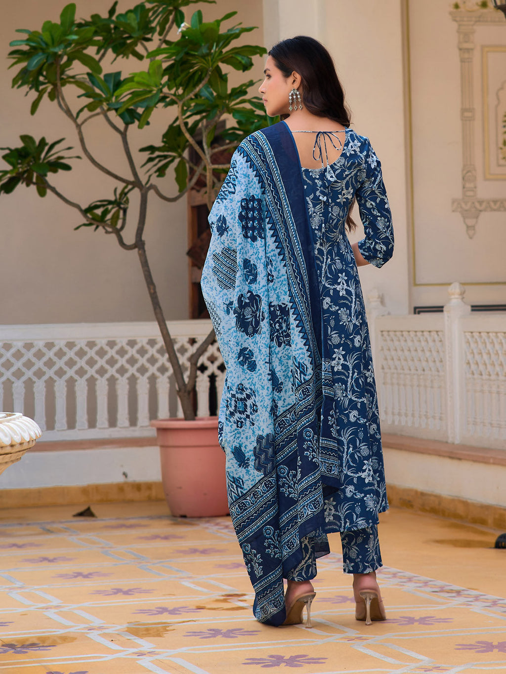 Floral Printed Flared Kurta With Pant & Dupatta, Blue - Hiral Fashion - Distacart