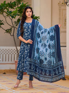 Floral Printed Flared Kurta With Pant & Dupatta, Blue - Hiral Fashion - Distacart