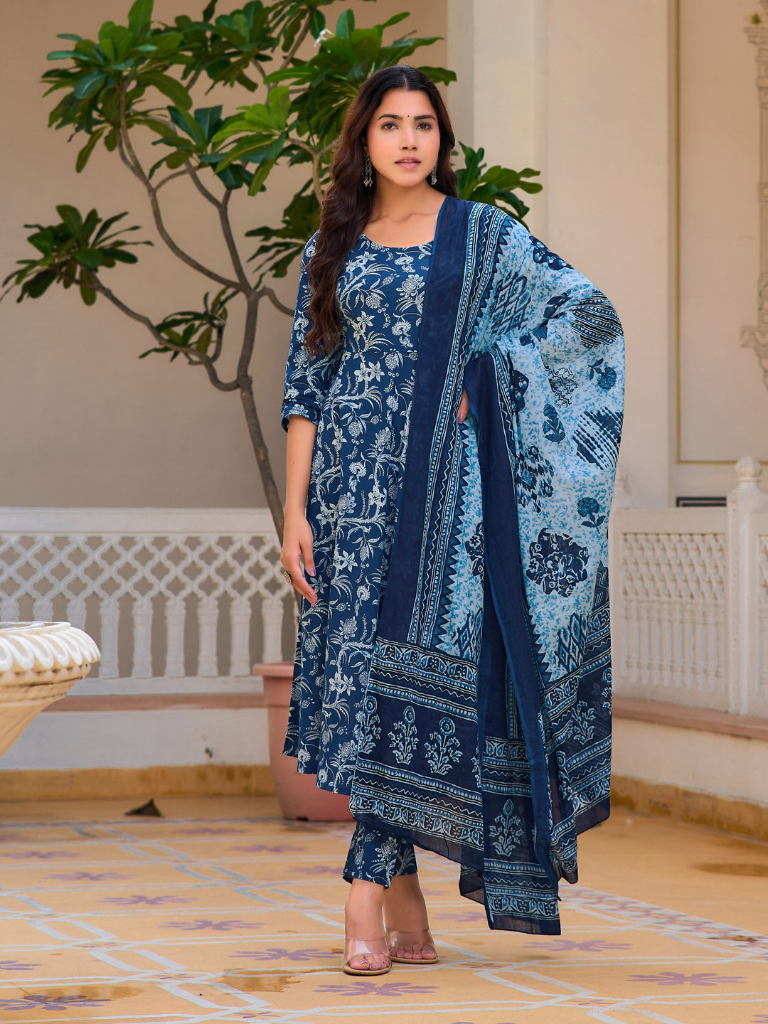 Floral Printed Flared Kurta With Pant & Dupatta, Blue - Hiral Fashion - Distacart
