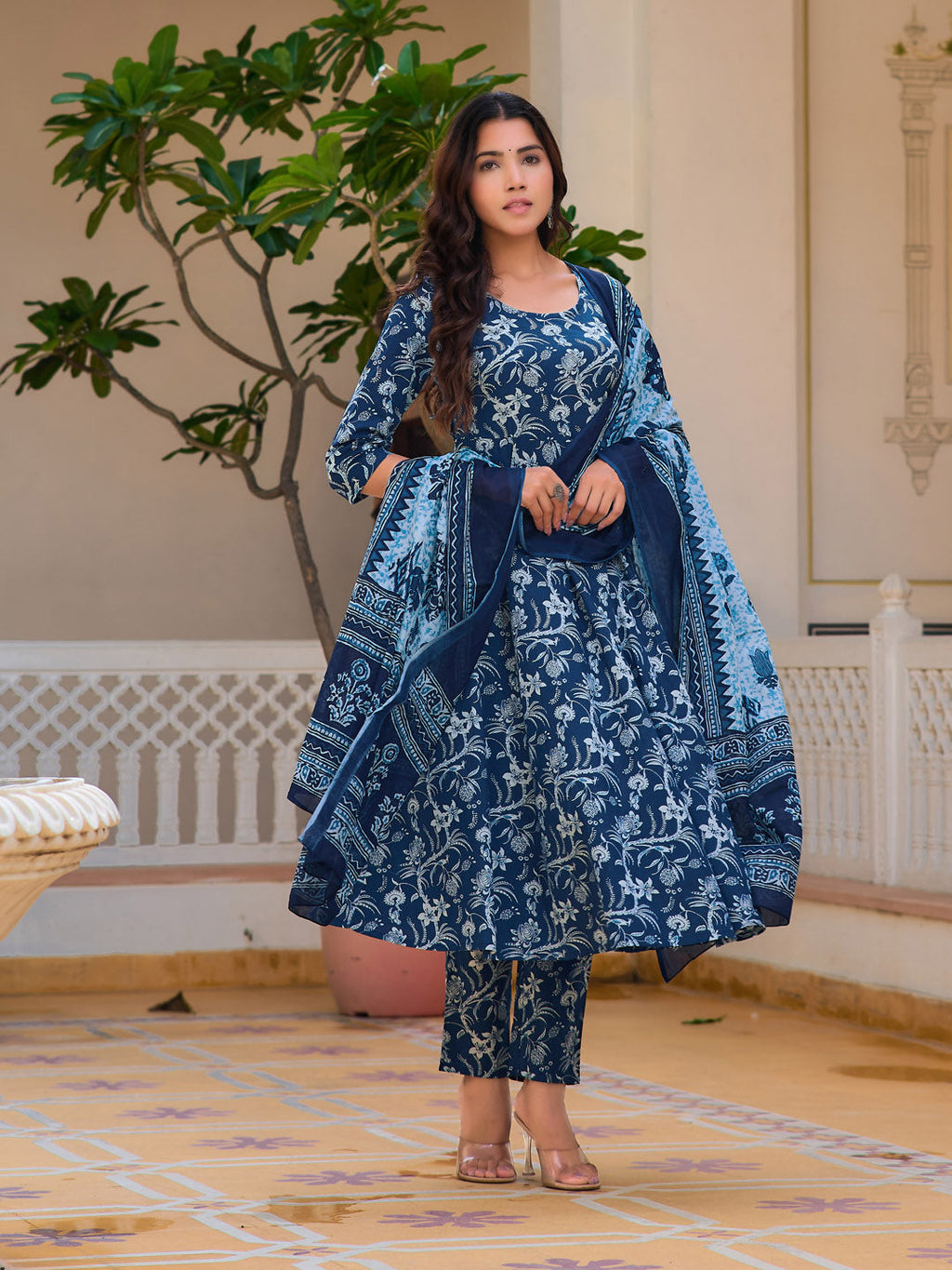 Floral Printed Flared Kurta With Pant & Dupatta, Blue - Hiral Fashion - Distacart