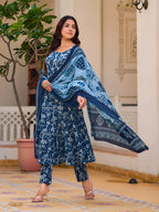 Floral Printed Flared Kurta With Pant & Dupatta, Blue - Hiral Fashion - Distacart