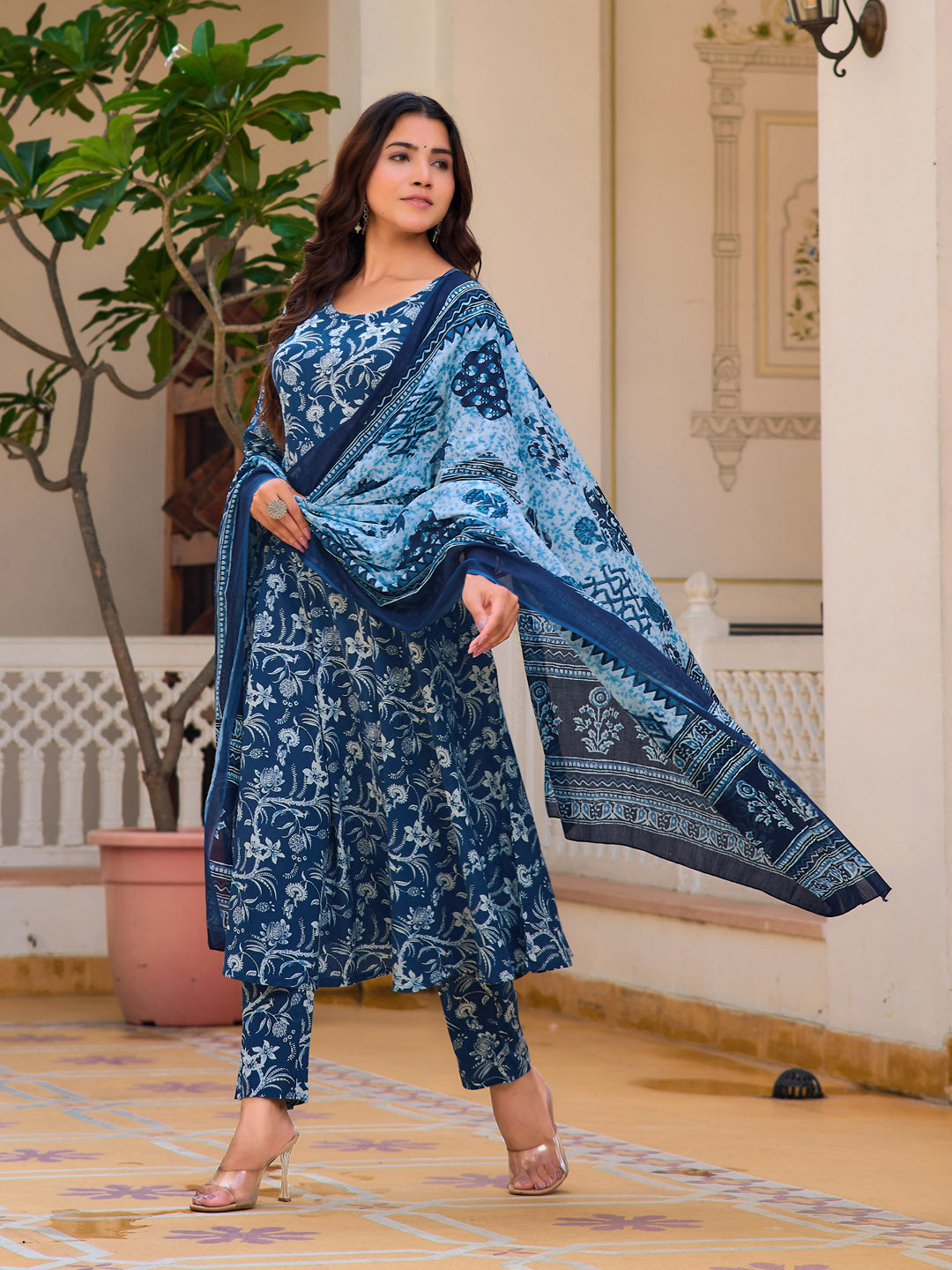 Floral Printed Flared Kurta With Pant & Dupatta, Blue - Hiral Fashion - Distacart