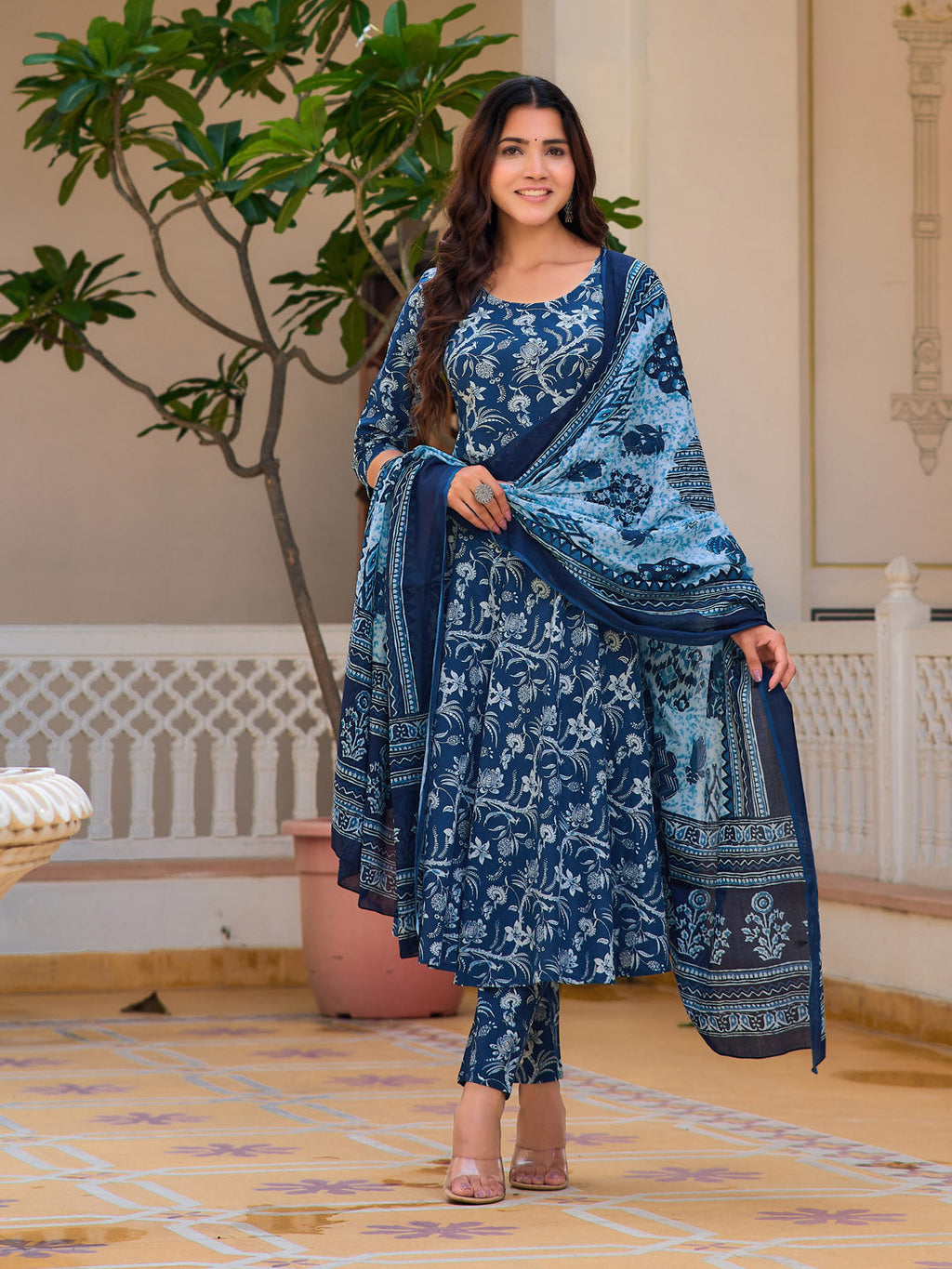 Floral Printed Flared Kurta With Pant & Dupatta, Blue - Hiral Fashion - Distacart