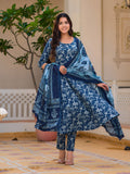 Floral Printed Flared Kurta With Pant & Dupatta, Blue - Hiral Fashion - Distacart