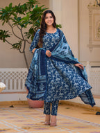Floral Printed Flared Kurta With Pant & Dupatta, Blue - Hiral Fashion - Distacart