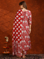 Floral Printed Flared Kurta With Pant & Dupatta, Maroon - Hiral Fashion - Distacart
