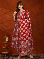 Floral Printed Flared Kurta With Pant & Dupatta, Maroon - Hiral Fashion - Distacart