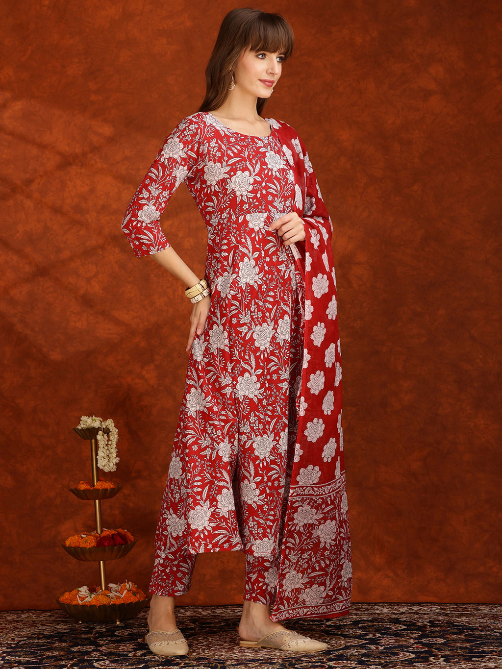 Floral Printed Flared Kurta With Pant & Dupatta, Maroon - Hiral Fashion - Distacart