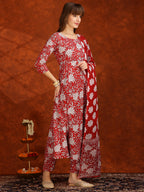 Floral Printed Flared Kurta With Pant & Dupatta, Maroon - Hiral Fashion - Distacart