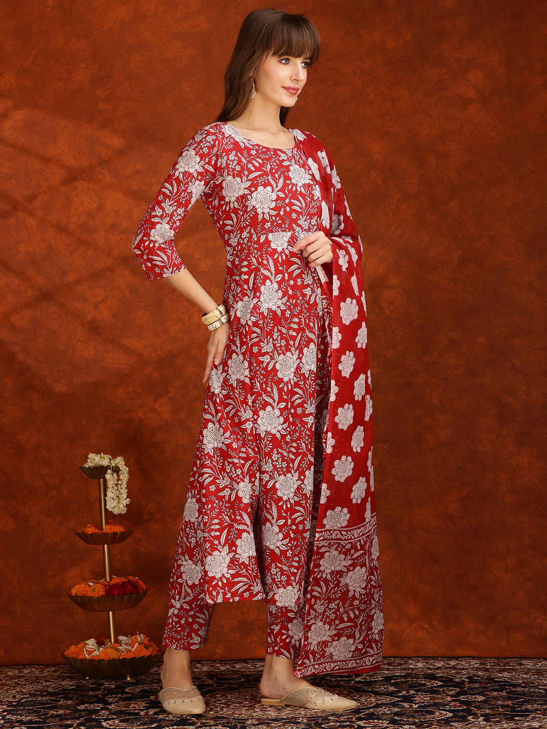 Floral Printed Flared Kurta With Pant & Dupatta, Maroon - Hiral Fashion - Distacart