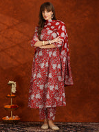 Floral Printed Flared Kurta With Pant & Dupatta, Maroon - Hiral Fashion - Distacart