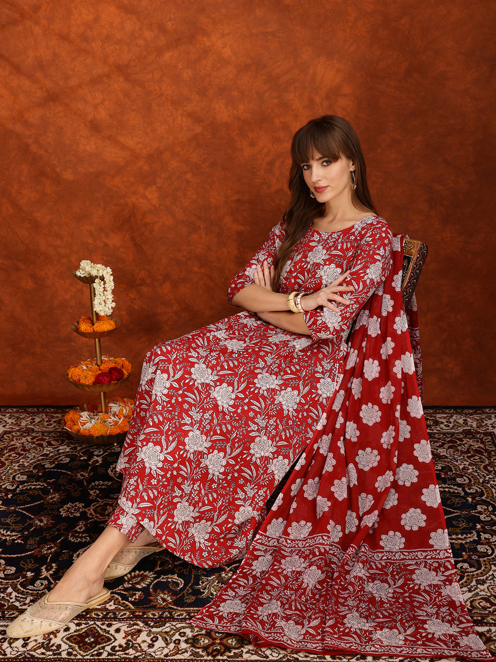 Floral Printed Flared Kurta With Pant & Dupatta, Maroon - Hiral Fashion - Distacart