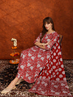 Floral Printed Flared Kurta With Pant & Dupatta, Maroon - Hiral Fashion - Distacart