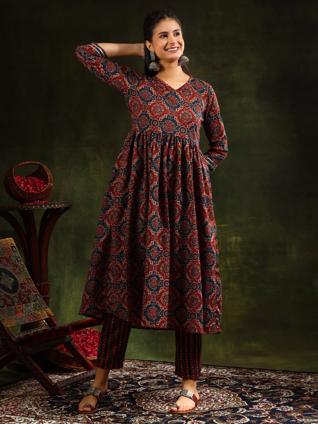 Printed Flared Anarkali Kurta With Pant & Dupatta, Rust - Hiral Fashion - Distacart