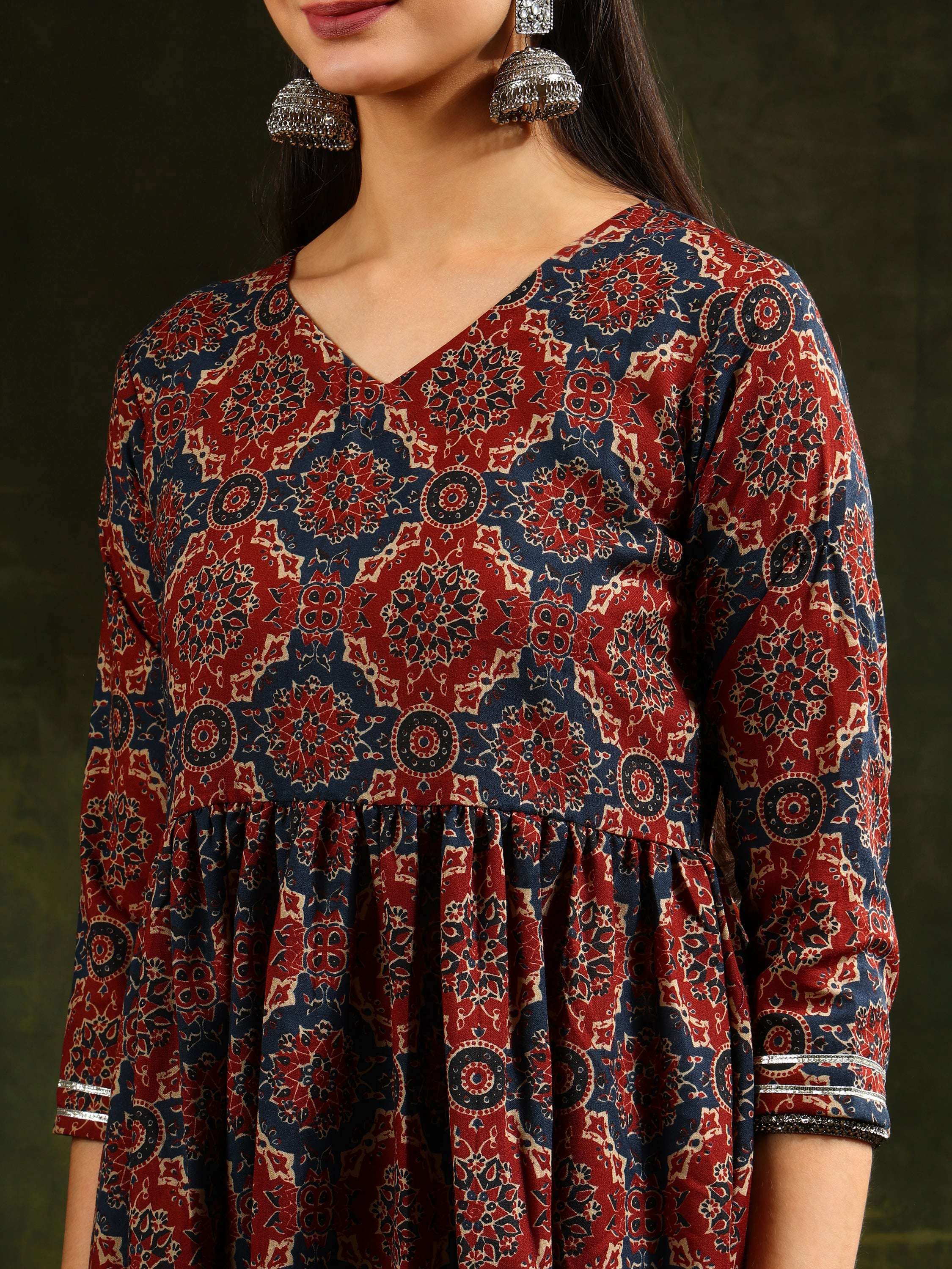 Printed Flared Anarkali Kurta With Pant & Dupatta, Rust - Hiral Fashion - Distacart