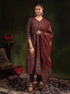 Printed Flared Anarkali Kurta With Pant & Dupatta, Rust - Hiral Fashion - Distacart