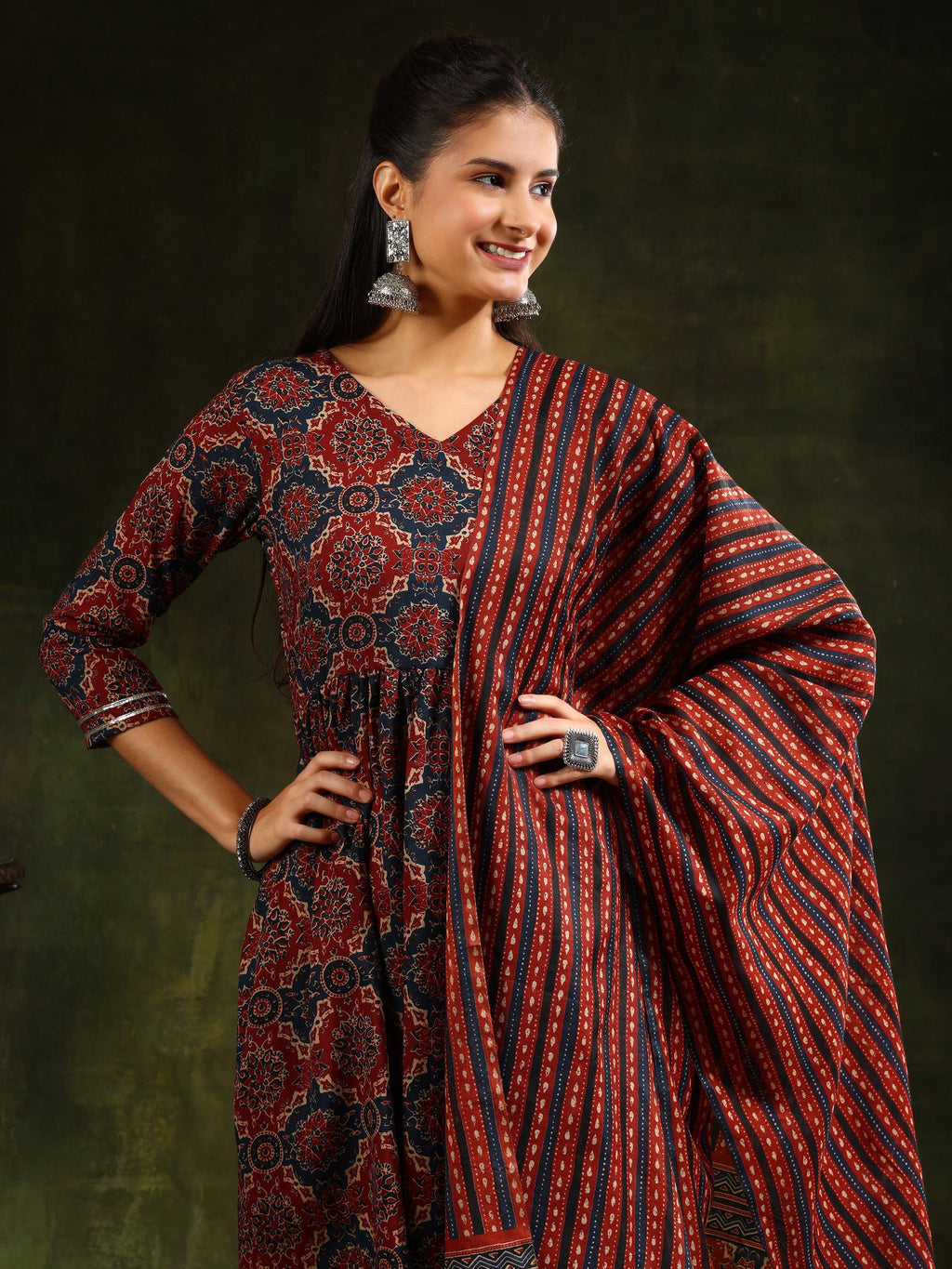 Printed Flared Anarkali Kurta With Pant & Dupatta, Rust - Hiral Fashion - Distacart
