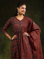 Printed Flared Anarkali Kurta With Pant & Dupatta, Rust - Hiral Fashion - Distacart