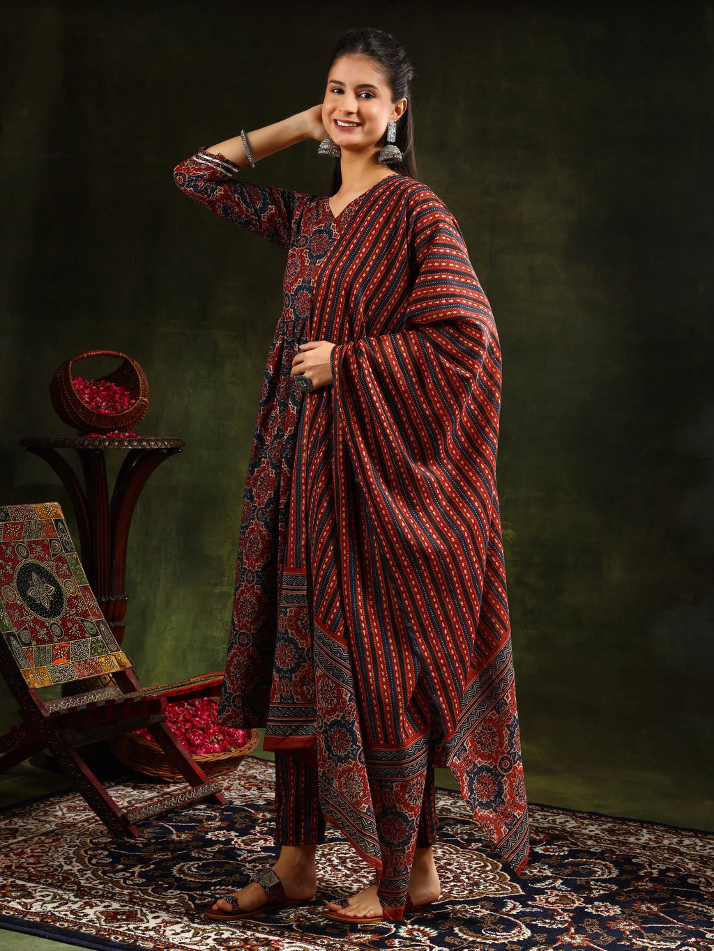 Printed Flared Anarkali Kurta With Pant & Dupatta, Rust - Hiral Fashion - Distacart