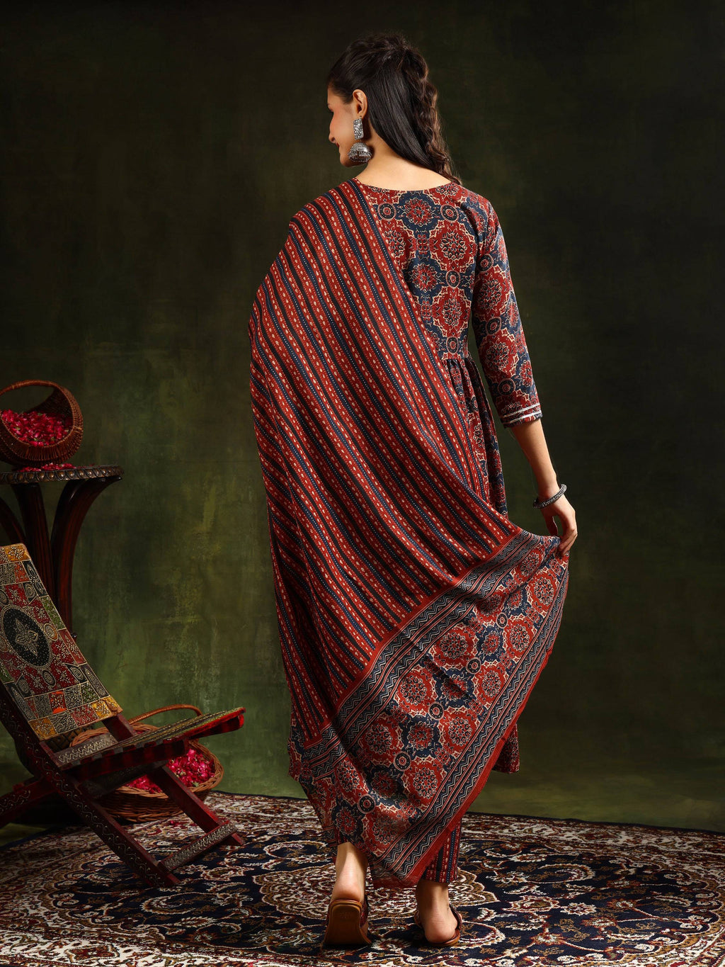Printed Flared Anarkali Kurta With Pant & Dupatta, Rust - Hiral Fashion - Distacart