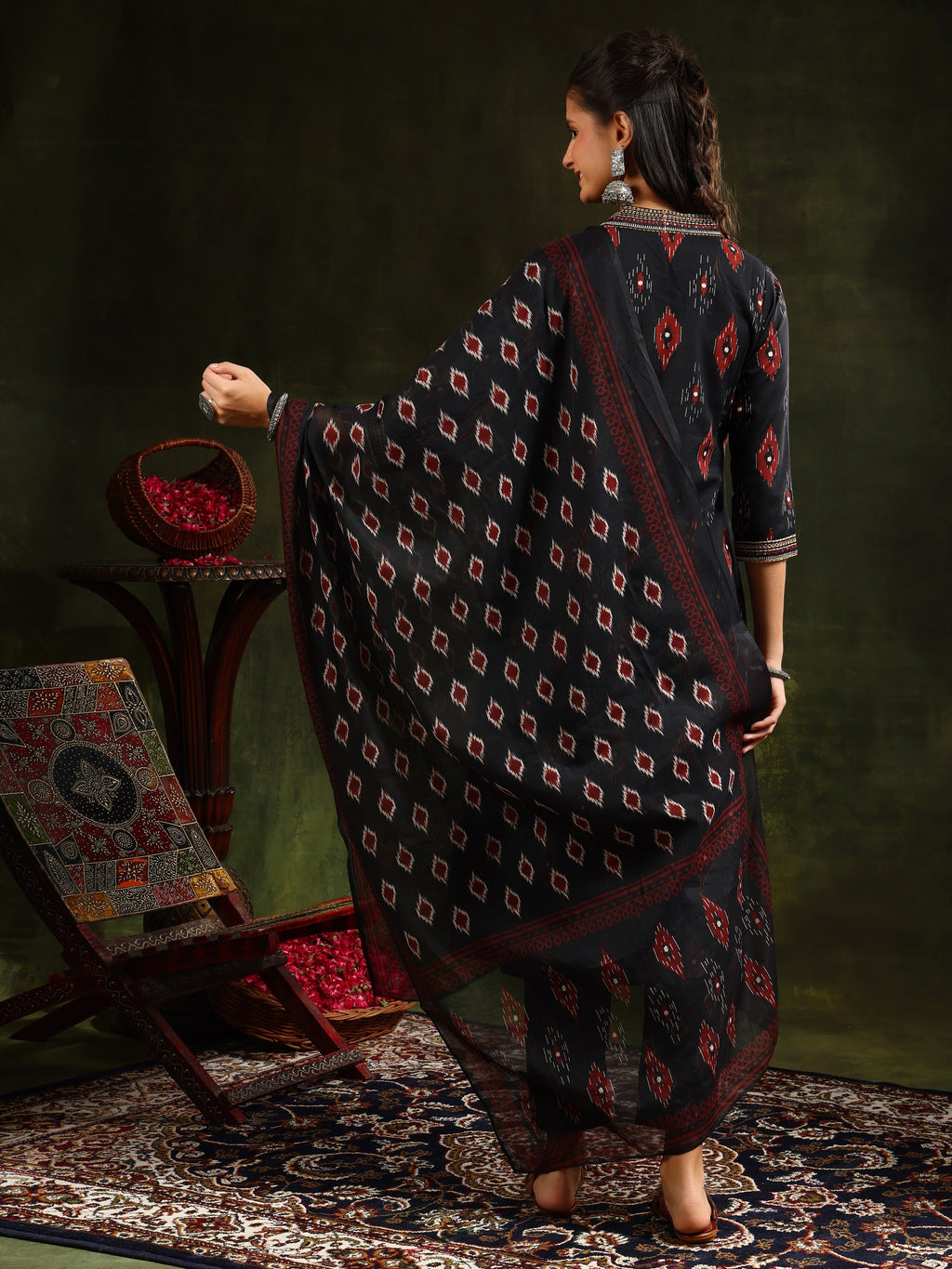 Ethnic Motifs Printed Aline Kurta With Pant & Dupatta, Black - Hiral Fashion - Distacart