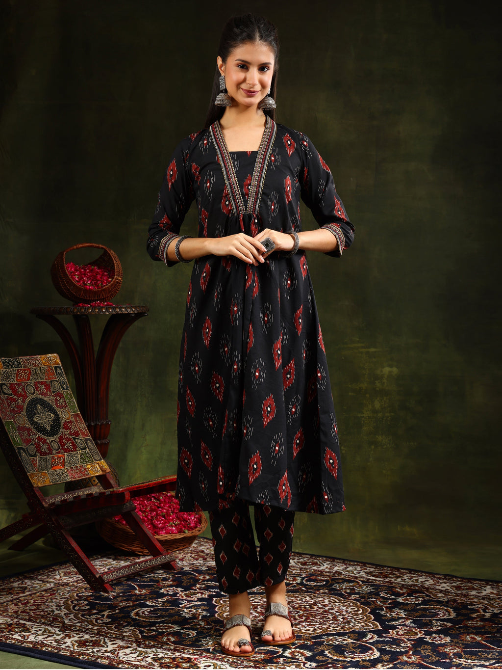 Ethnic Motifs Printed Aline Kurta With Pant & Dupatta, Black - Hiral Fashion - Distacart