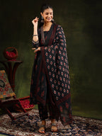 Ethnic Motifs Printed Aline Kurta With Pant & Dupatta, Black - Hiral Fashion - Distacart