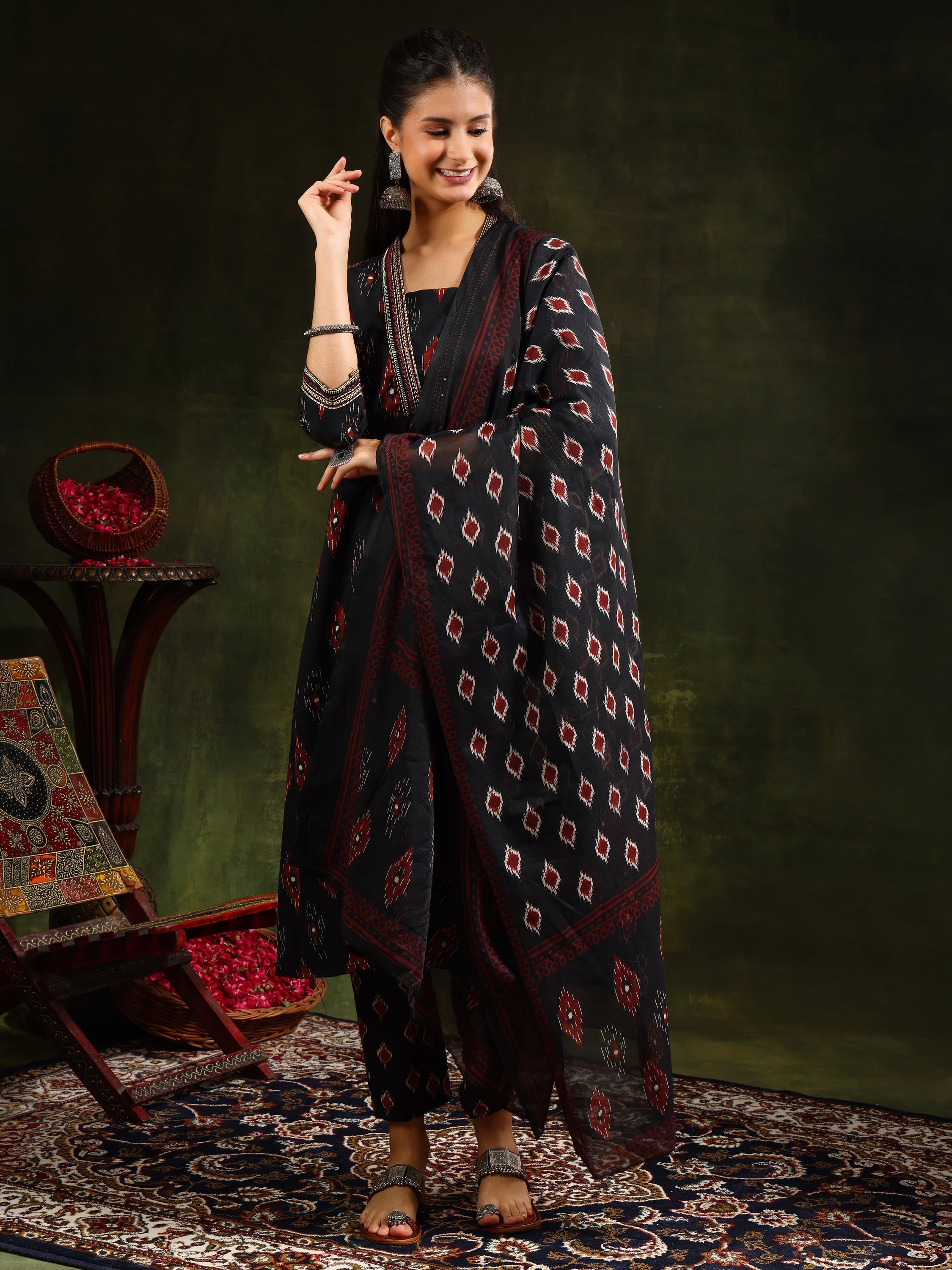 Ethnic Motifs Printed Aline Kurta With Pant & Dupatta, Black - Hiral Fashion - Distacart
