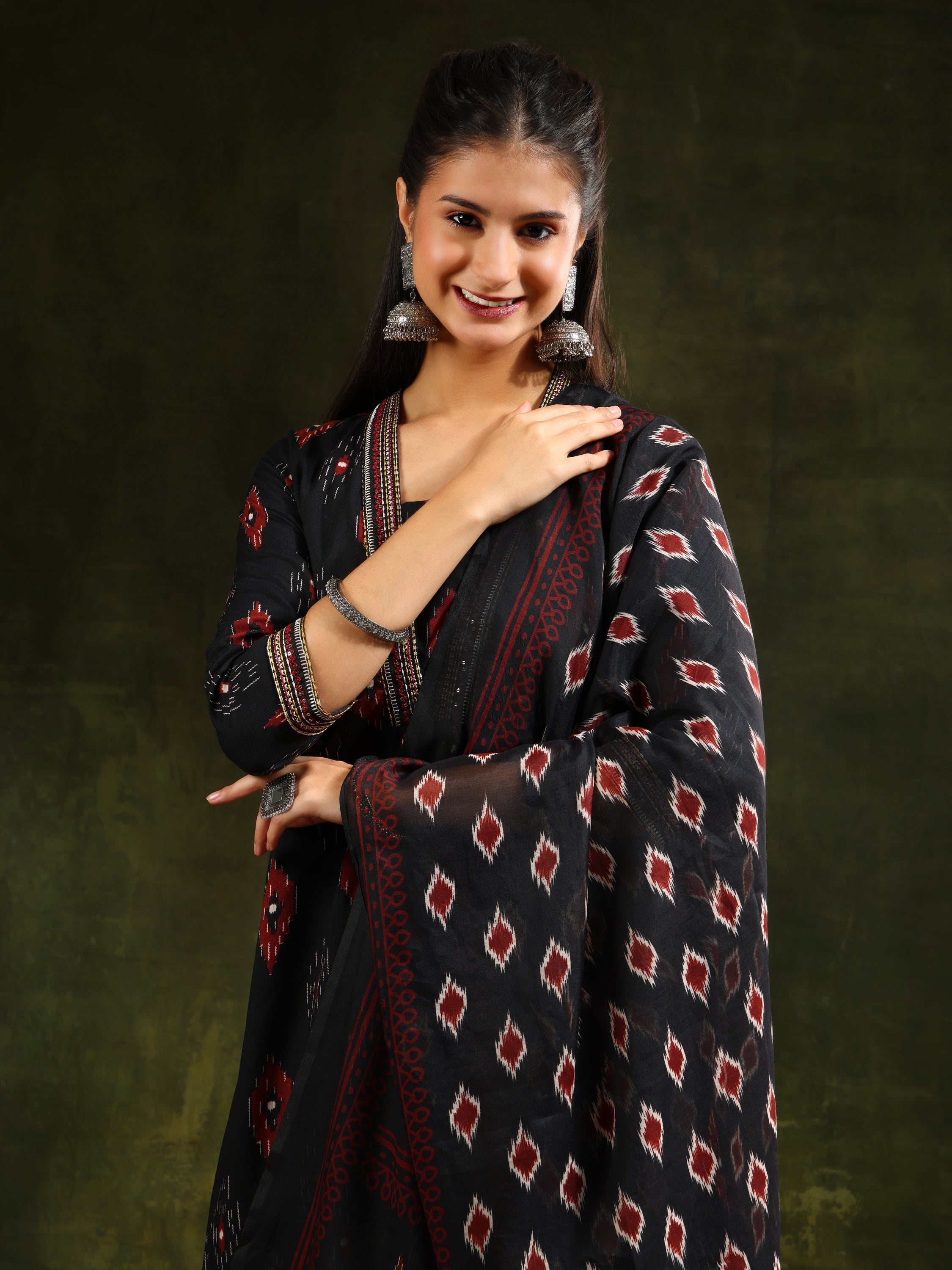 Ethnic Motifs Printed Aline Kurta With Pant & Dupatta, Black - Hiral Fashion - Distacart