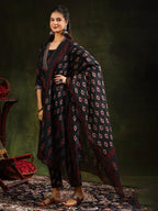 Ethnic Motifs Printed Aline Kurta With Pant & Dupatta, Black - Hiral Fashion - Distacart