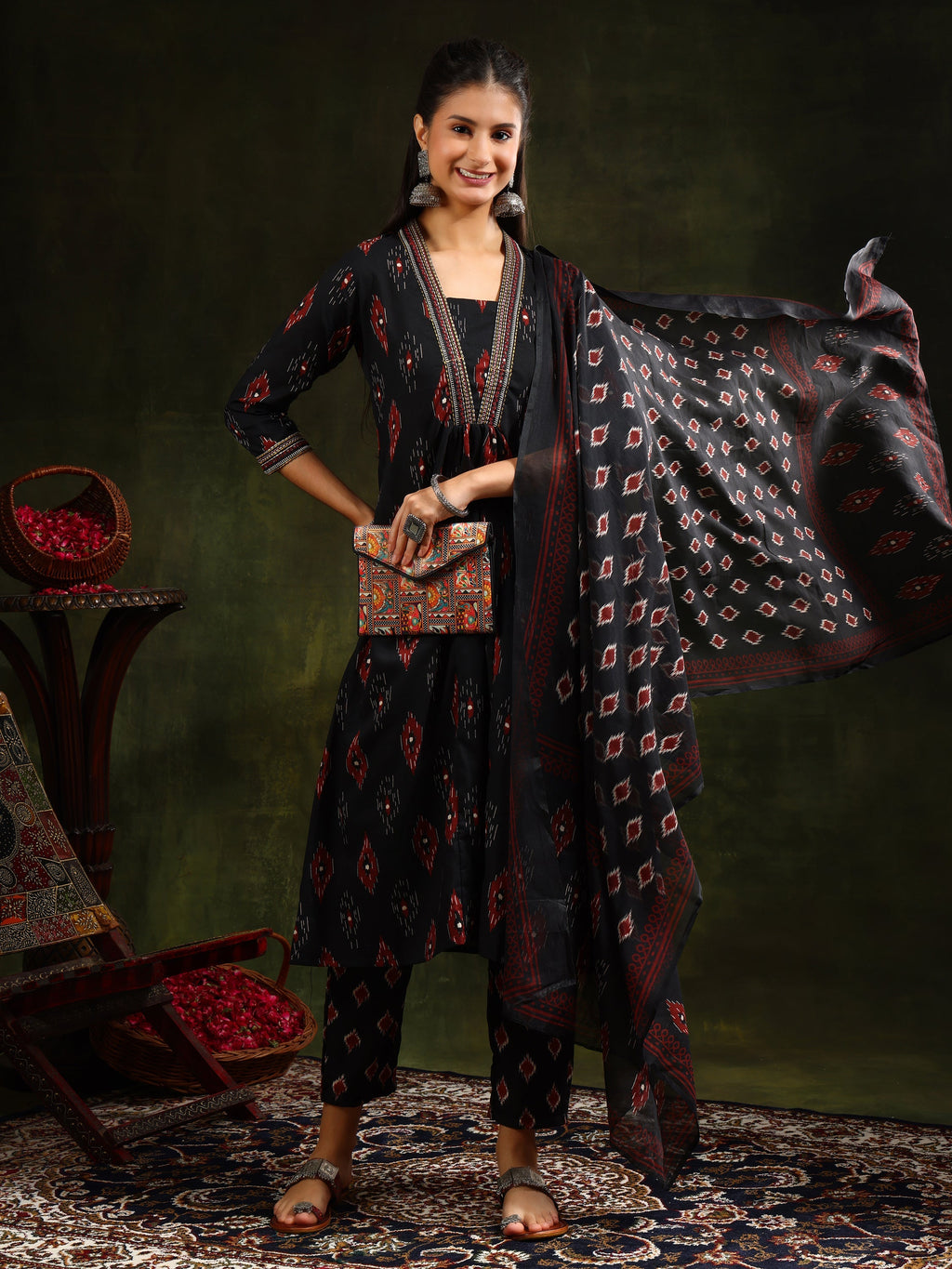 Ethnic Motifs Printed Aline Kurta With Pant & Dupatta, Black - Hiral Fashion - Distacart