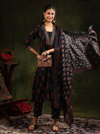 Ethnic Motifs Printed Aline Kurta With Pant & Dupatta, Black - Hiral Fashion - Distacart