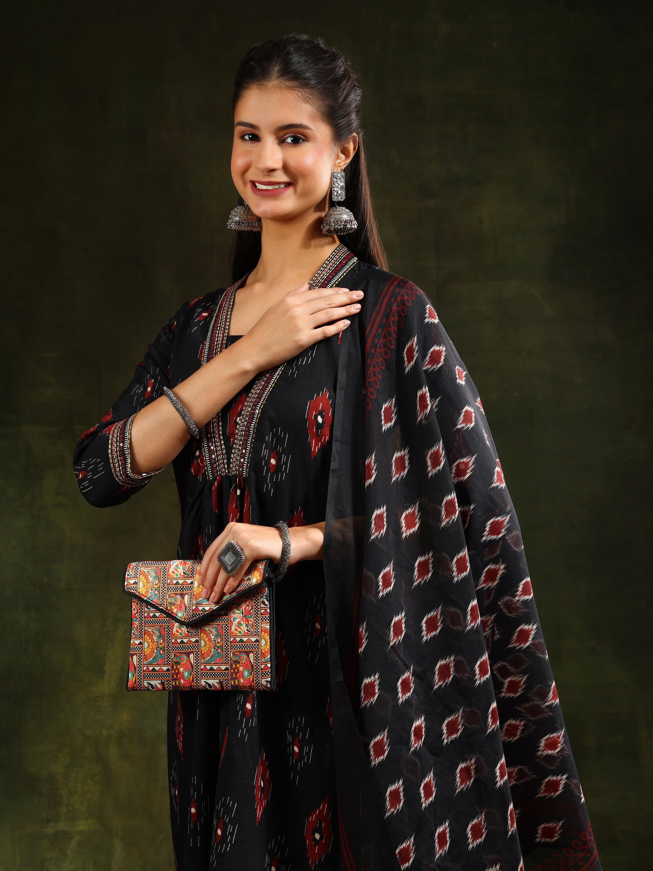 Ethnic Motifs Printed Aline Kurta With Pant & Dupatta, Black - Hiral Fashion - Distacart