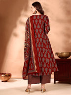 Flared Ethnic Motifs Printed Kurta With Palazzo Pant & Dupatta, Rust - Hiral Fashion - Distacart