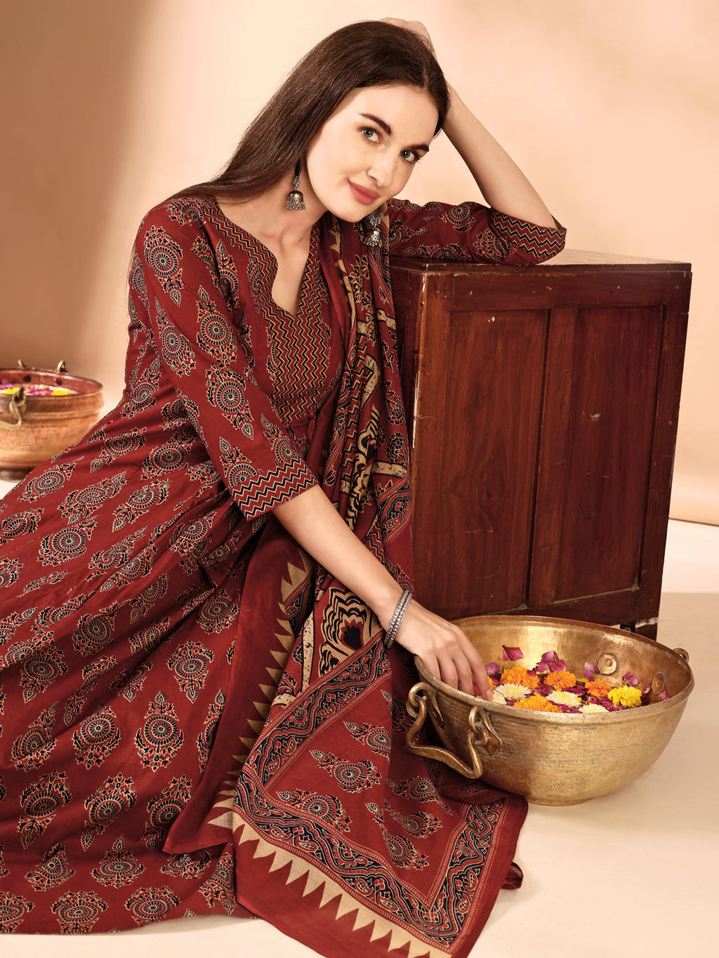 Flared Ethnic Motifs Printed Kurta With Palazzo Pant & Dupatta, Rust - Hiral Fashion - Distacart