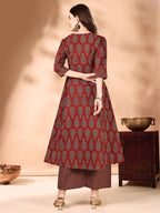 Flared Ethnic Motifs Printed Kurta With Palazzo Pant & Dupatta, Rust - Hiral Fashion - Distacart