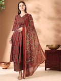 Flared Ethnic Motifs Printed Kurta With Palazzo Pant & Dupatta, Rust - Hiral Fashion - Distacart