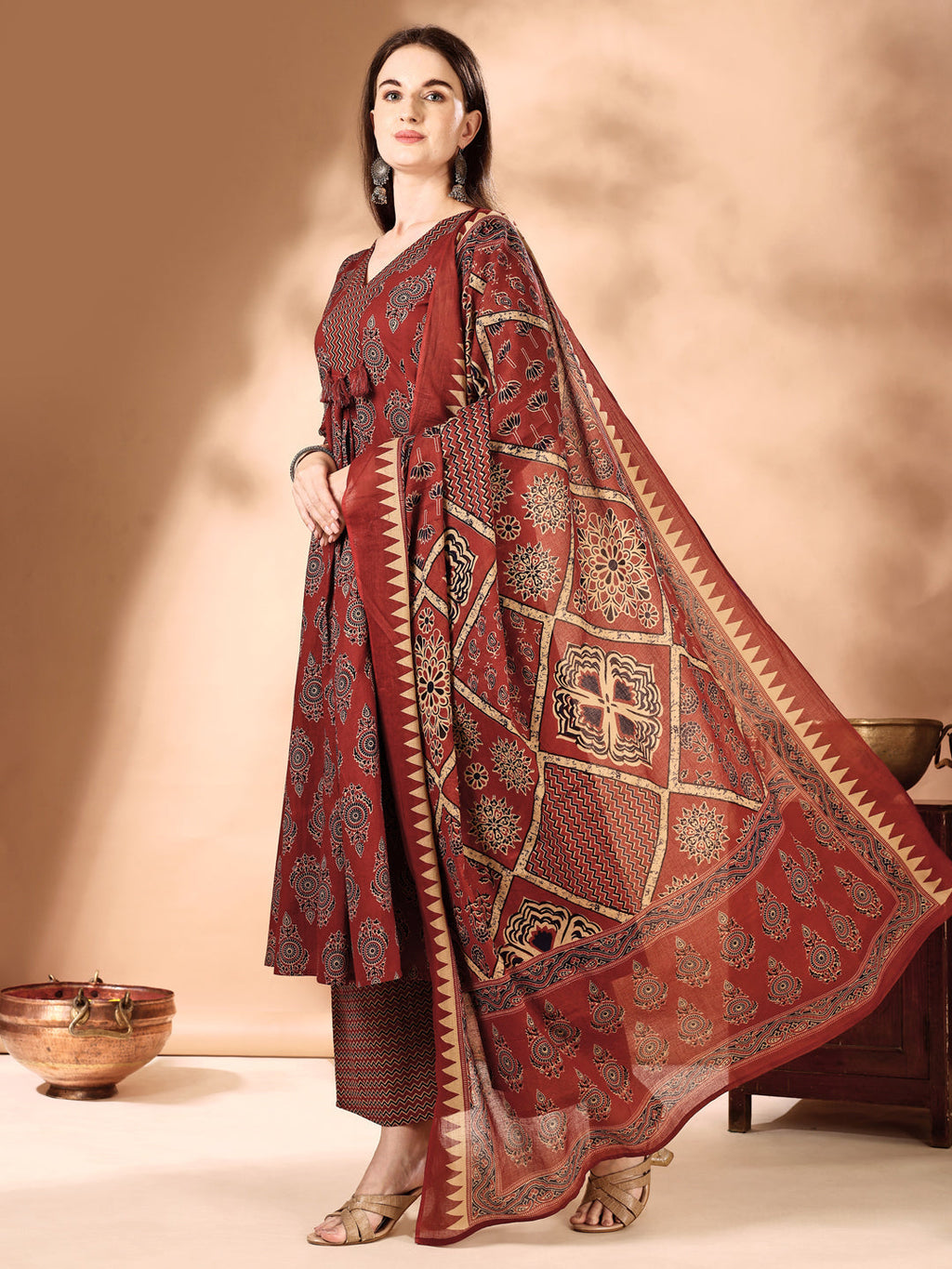 Flared Ethnic Motifs Printed Kurta With Palazzo Pant & Dupatta, Rust - Hiral Fashion - Distacart