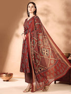 Flared Ethnic Motifs Printed Kurta With Palazzo Pant & Dupatta, Rust - Hiral Fashion - Distacart