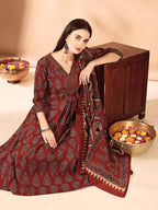 Flared Ethnic Motifs Printed Kurta With Palazzo Pant & Dupatta, Rust - Hiral Fashion - Distacart