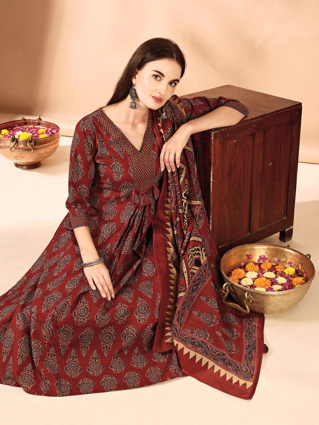 Flared Ethnic Motifs Printed Kurta With Palazzo Pant & Dupatta, Rust - Hiral Fashion - Distacart